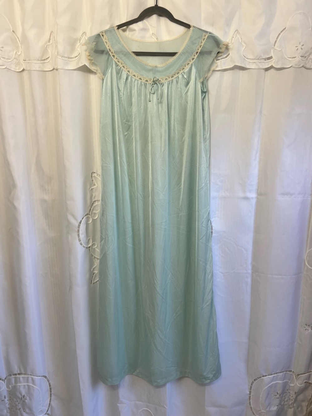 Vintage Van Raalte Blue Nylon Tricot Nightgown Pleated Flutter Sleeve Maxi S